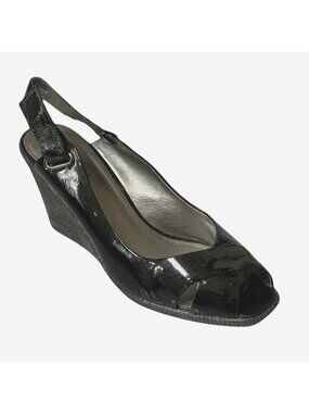 Kenneth Cole Reaction Black Patent Leather Peep Toe Slingback Wedge Heels Womens